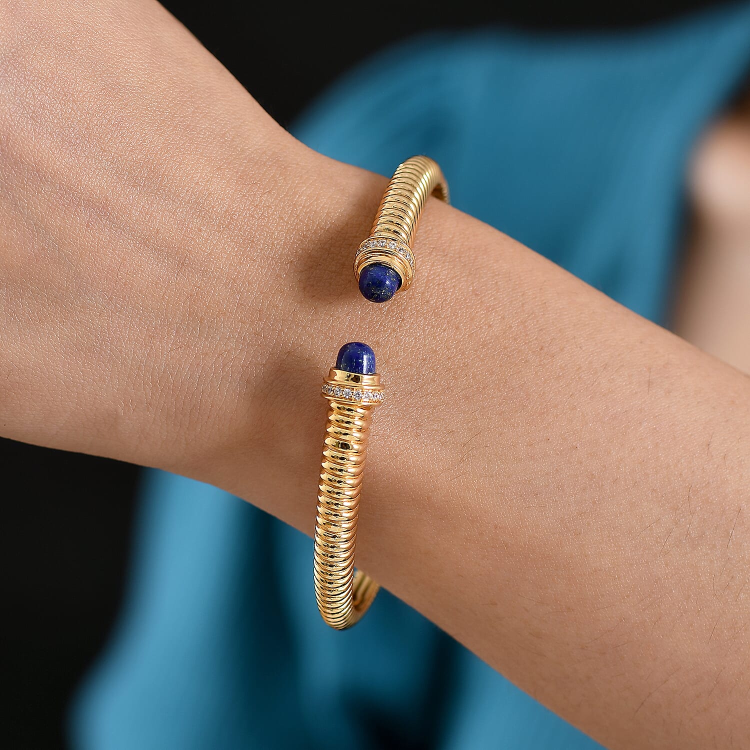 EverTrue Lapis Lazuli &amp; White Cubic Zirconia Cuff Bangle (Size -7.5) in Yellow Gold Tone 3.92 Ct. 8296283 3