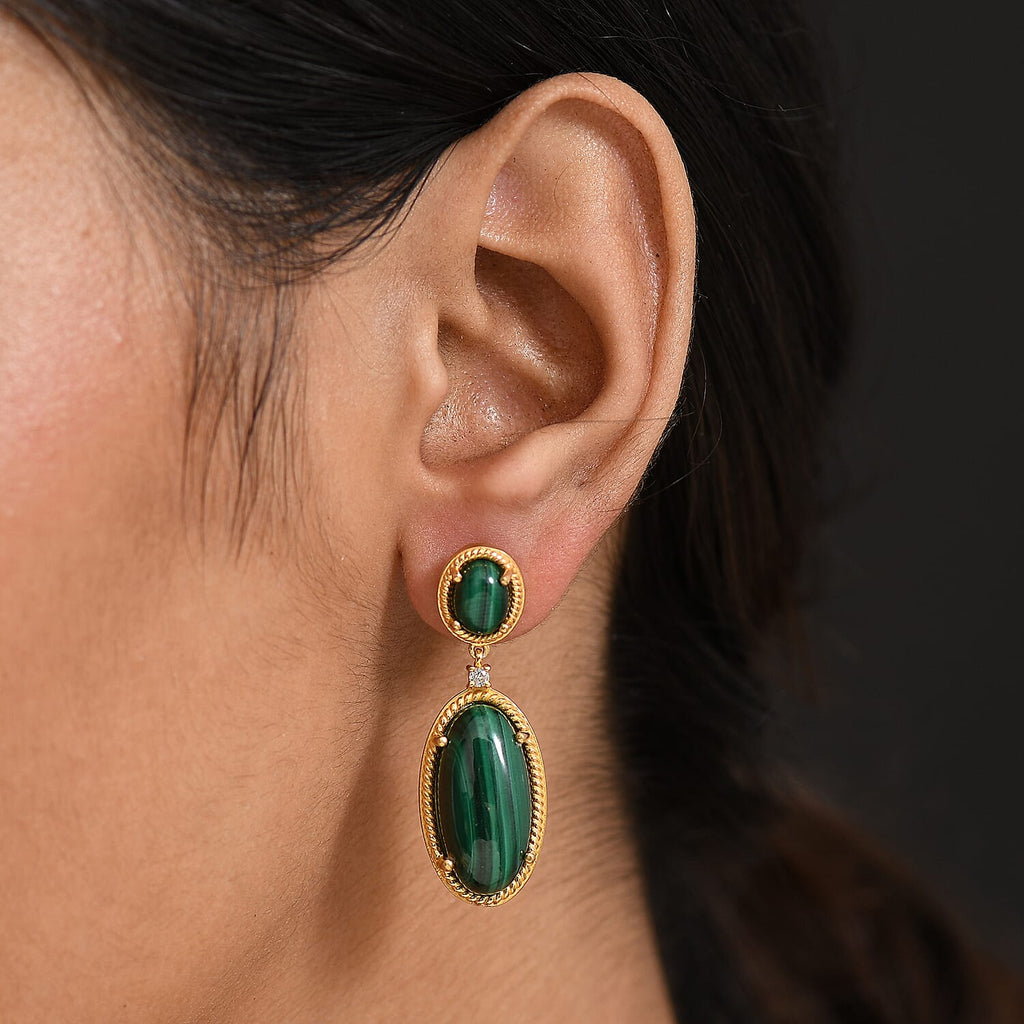 EverTrue Malachite & White Zircon Dangling Earring with Push Back in Yellow Gold Plated 31.25 Ct.