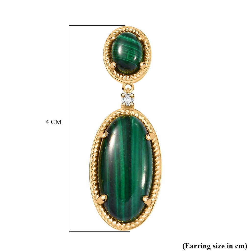 EverTrue Malachite & White Zircon Dangling Earring with Push Back in Yellow Gold Plated 31.25 Ct.