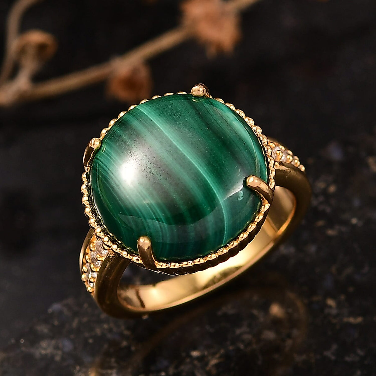 EverTrue Malachite &amp; White Zircon Solitaire Ring in Yellow Gold Tone 12.28 Ct. 8245918 1