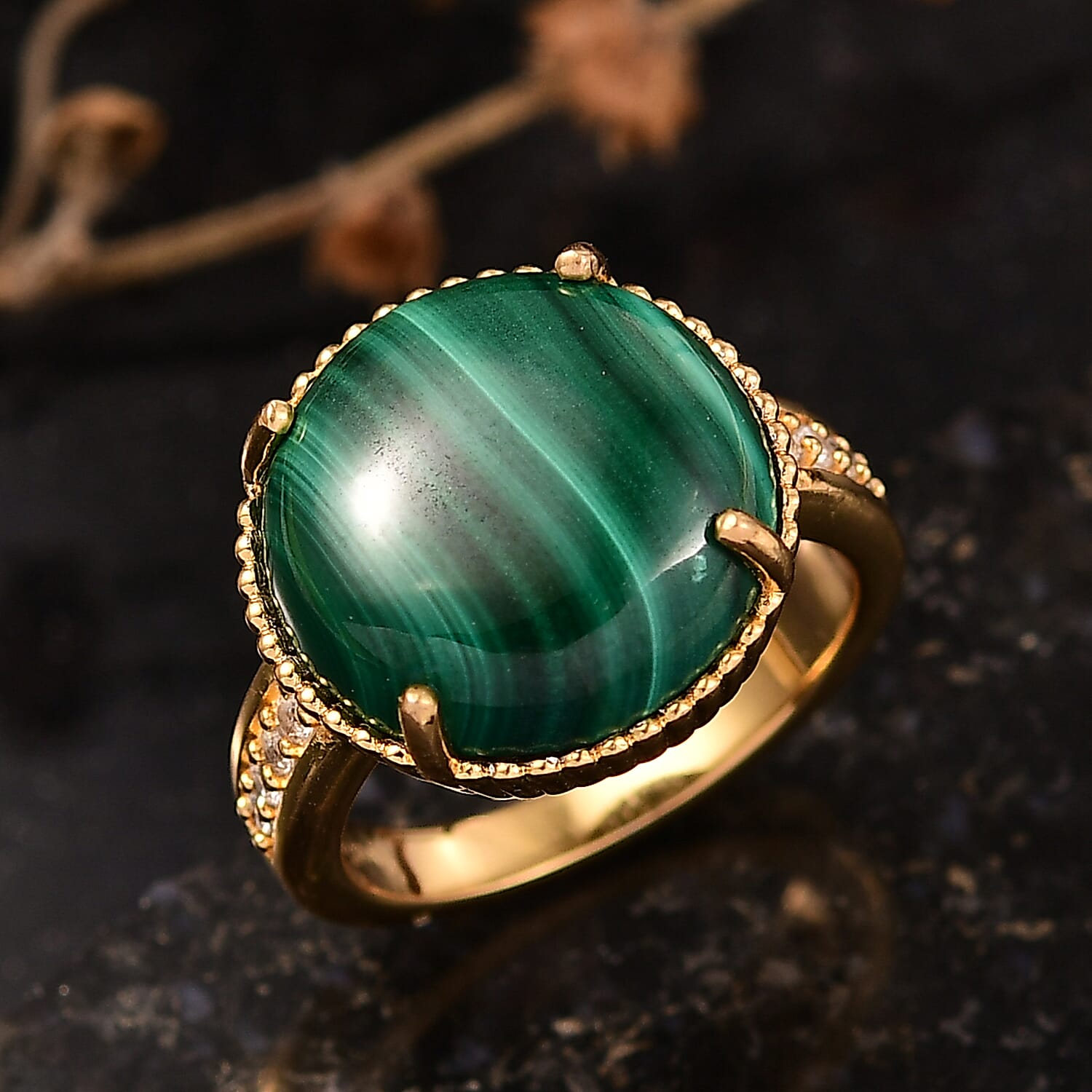 EverTrue Malachite &amp; White Zircon Solitaire Ring in Yellow Gold Tone 12.28 Ct. 8245918 1