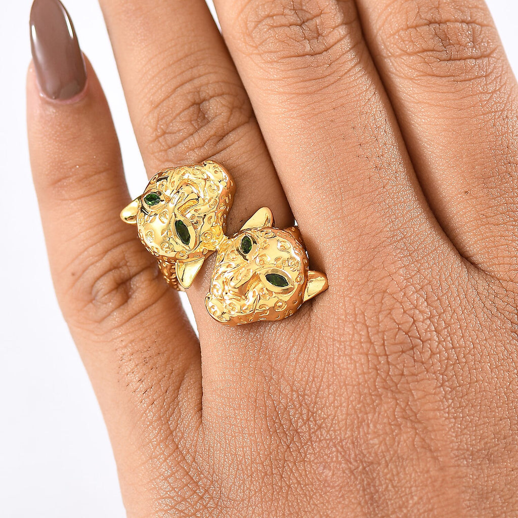 Designer Inspired - Panther Natural Chrome Diopside Ring in Yellow Gold Plated