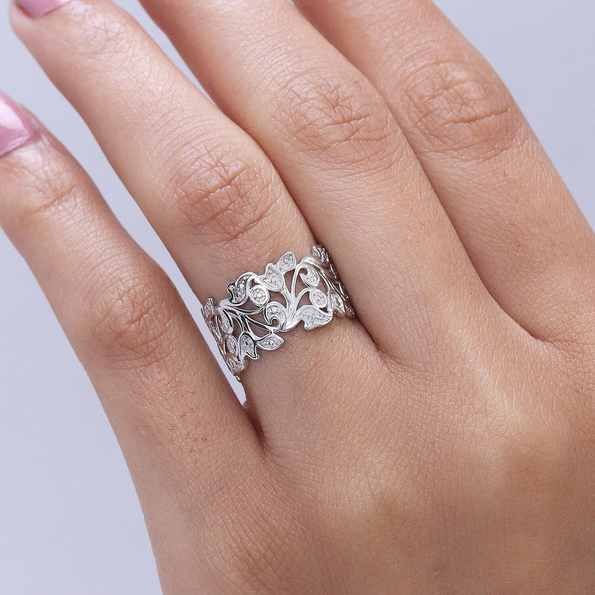 EverTrue Natural White Diamond Leaf Ring in Platinum Overlay V32576777 2