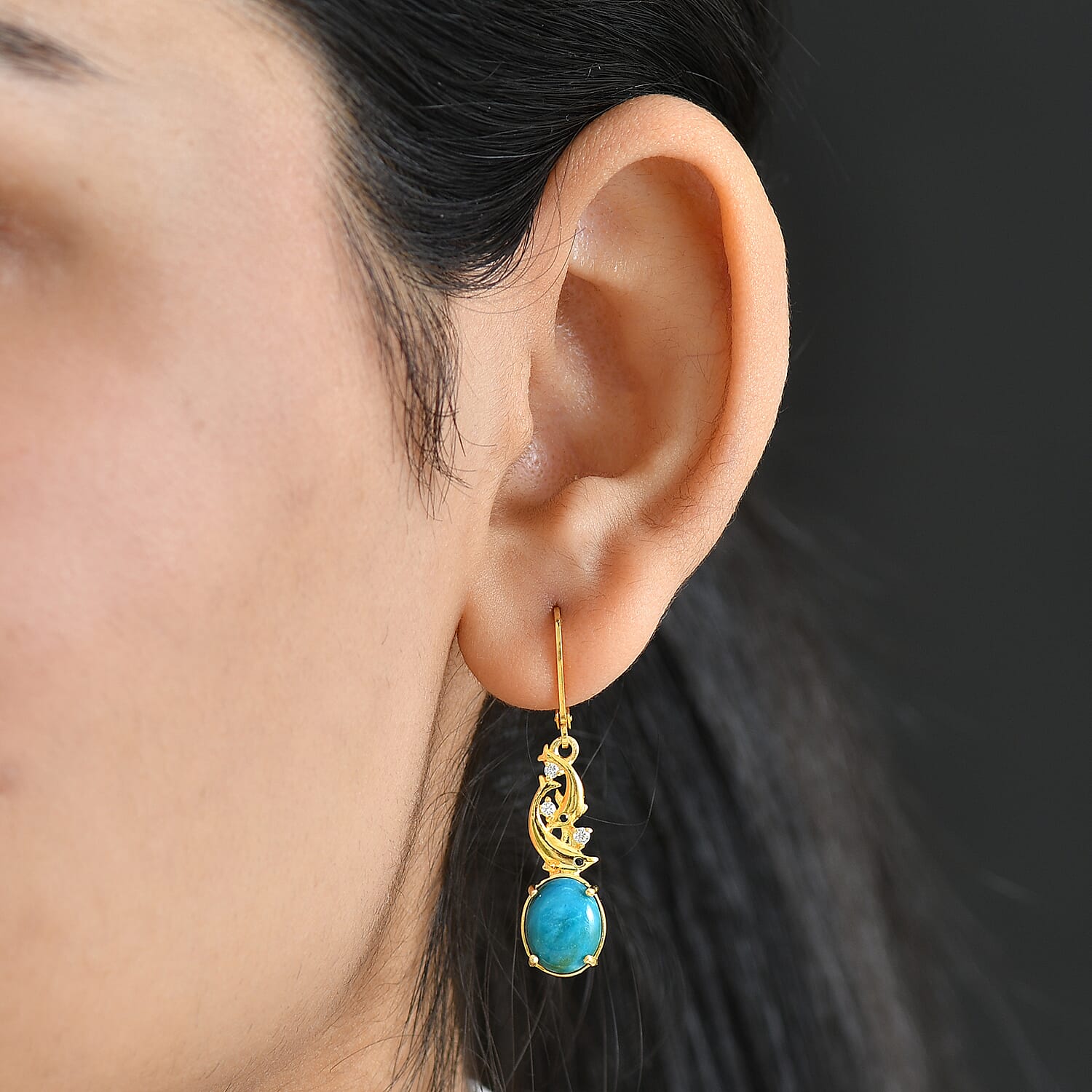 EverTrue Opalina, Black Spinel and White Zircon Dolphin Dangle Push Post Earring in Yellow Gold Plated 4.27 Ct. 8310015 3