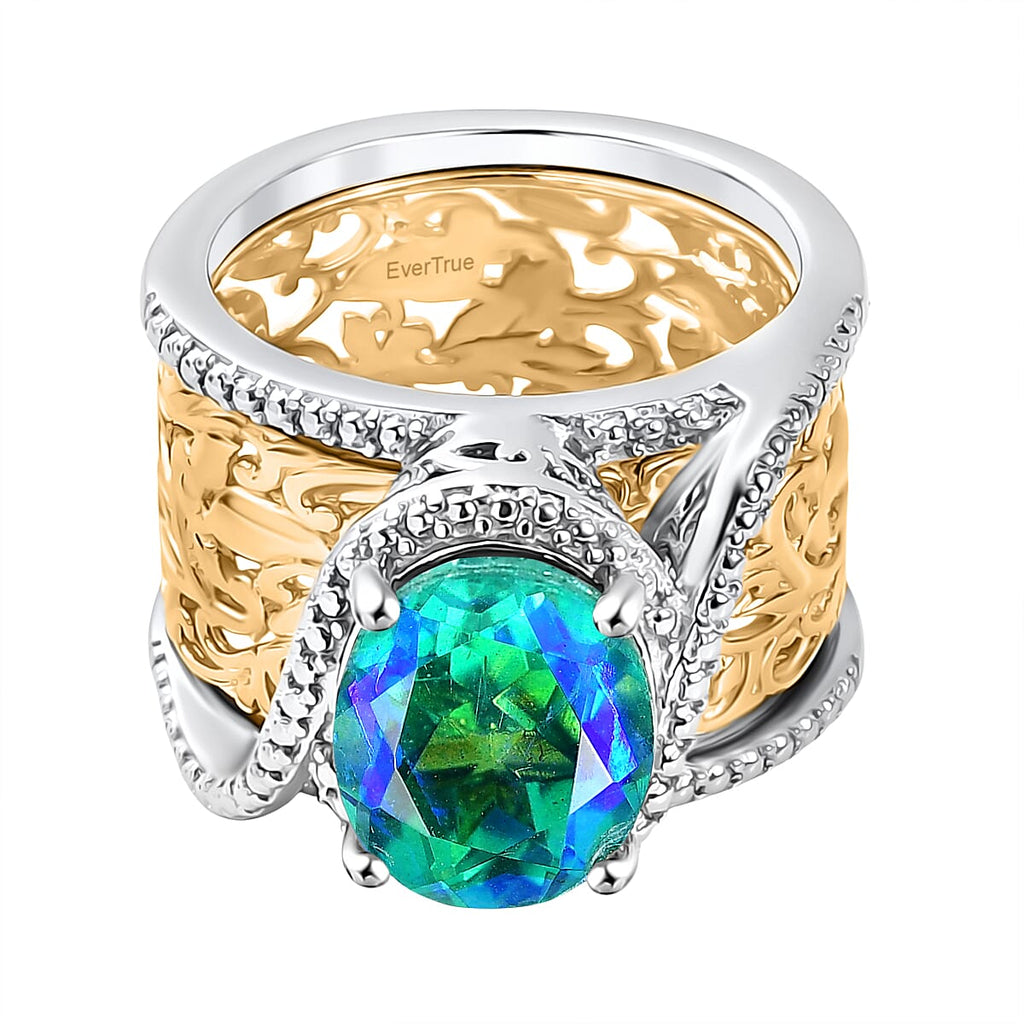 EverTrue Peacock Triplet Quartz Set of 2 Rings in Platinum Overlay & Gold Two Tone 3.84 Ct.