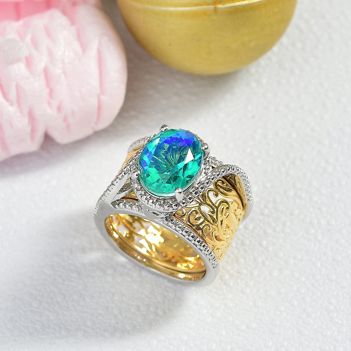 EverTrue Peacock Triplet Quartz Set of 2 Rings in Platinum Overlay and Gold Two Tone 3.84 Ct. 8314378 2