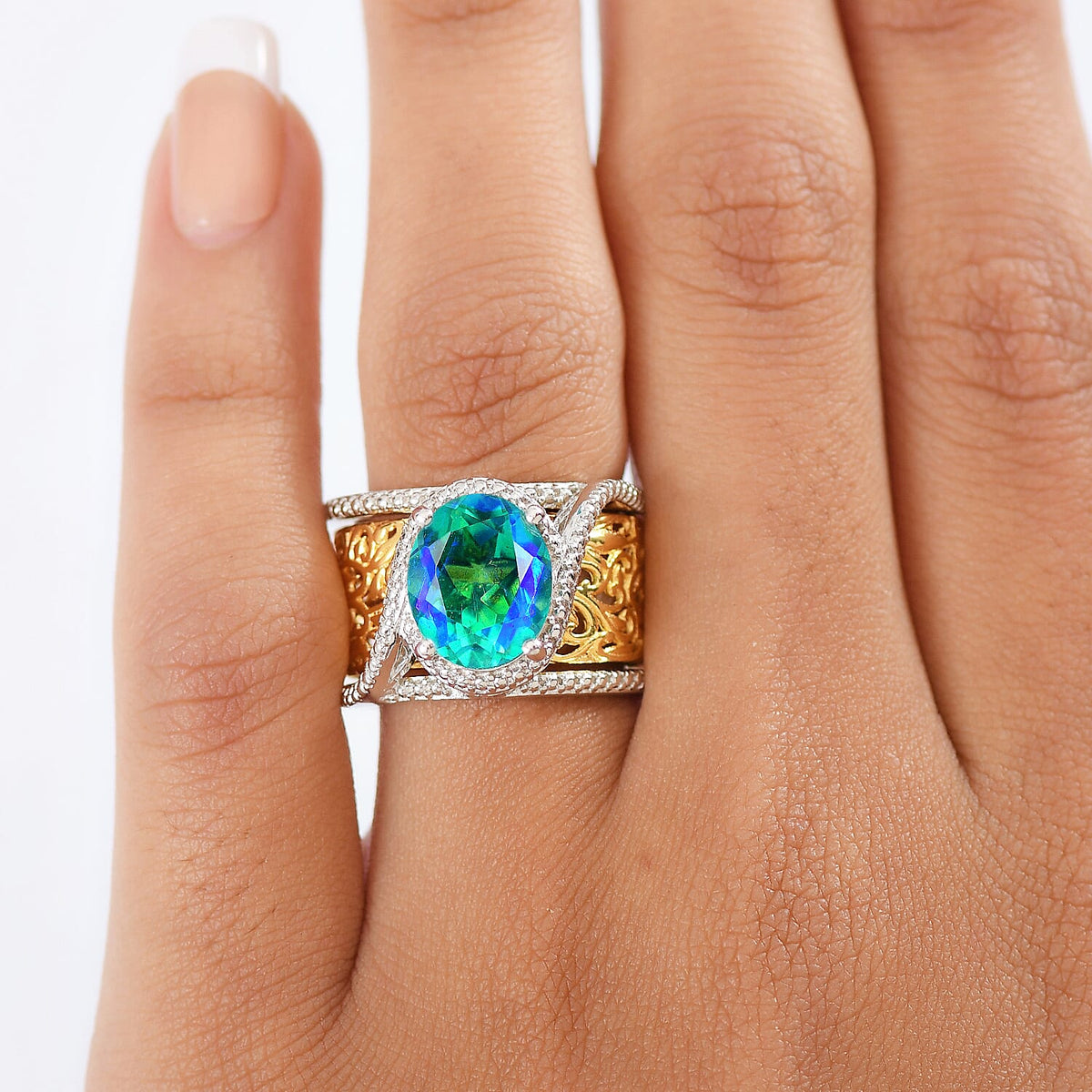 EverTrue Peacock Triplet Quartz Set of 2 Rings in Platinum Overlay and Gold Two Tone 3.84 Ct. 8314378 3