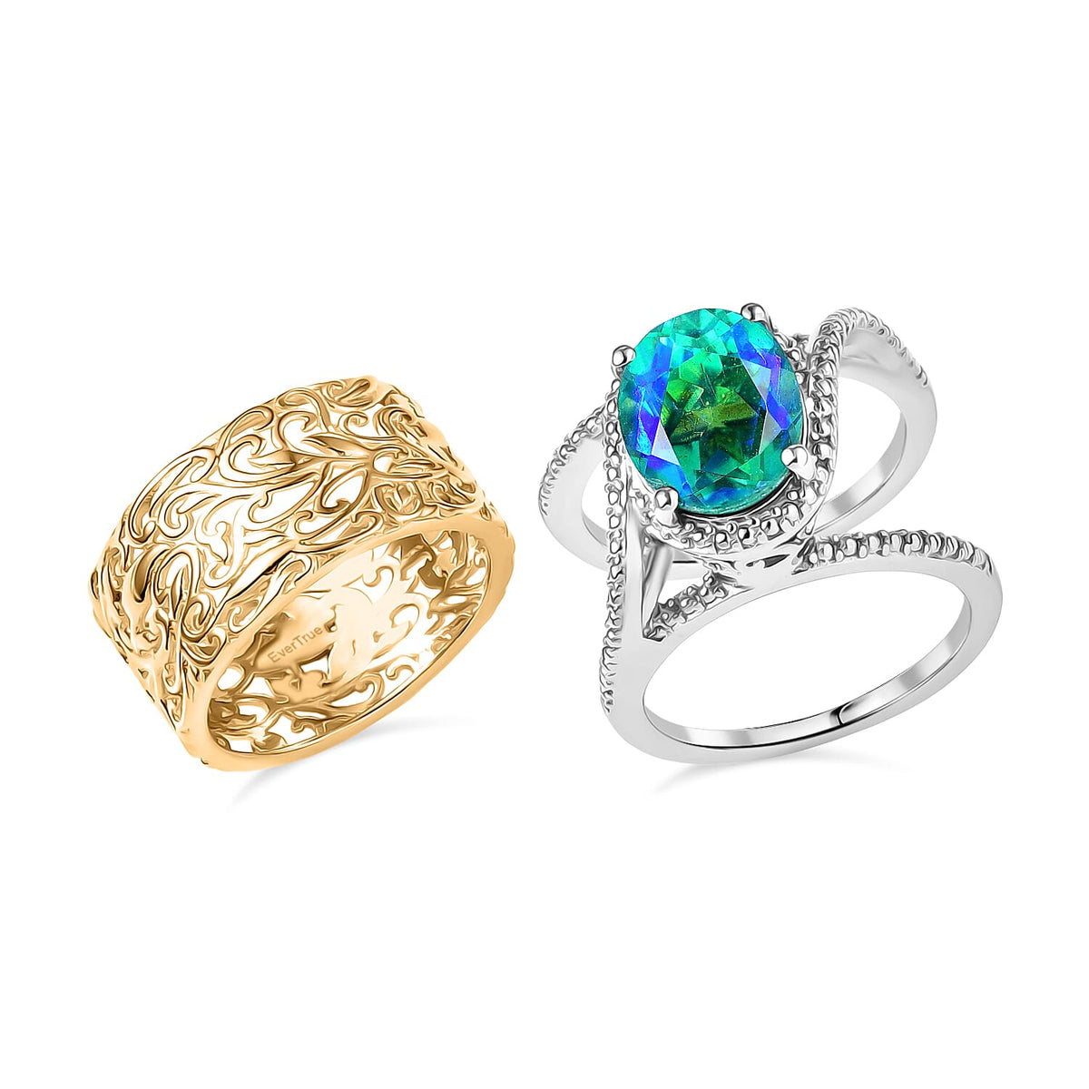 EverTrue Peacock Triplet Quartz Set of 2 Rings in Platinum Overlay and Gold Two Tone 3.84 Ct. 8314378 4
