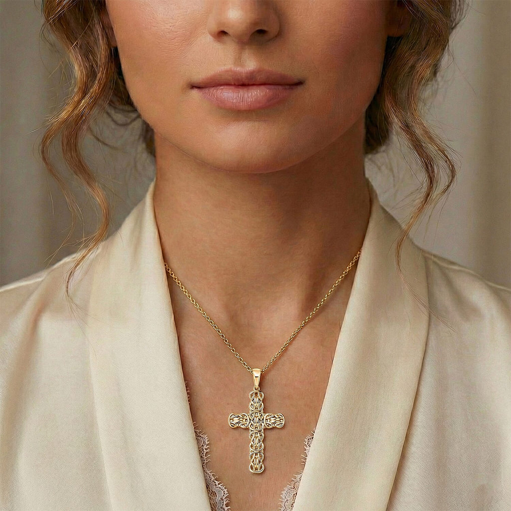 EverTrue Bronzella Collection - Byzantine Link Cross Pendant with Chain (Size 20) in 18K Gold Plating