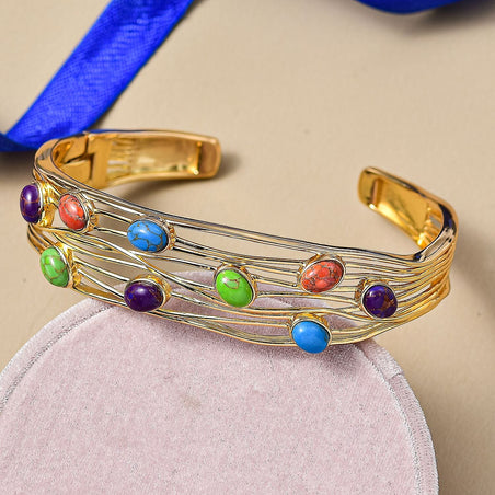 EverTrue Purple Turquoise &amp; Multi Gemstones Cuff Bangle (Size - 7.5) in Yellow Gold Plated 5.79 Ct. 8282974 2