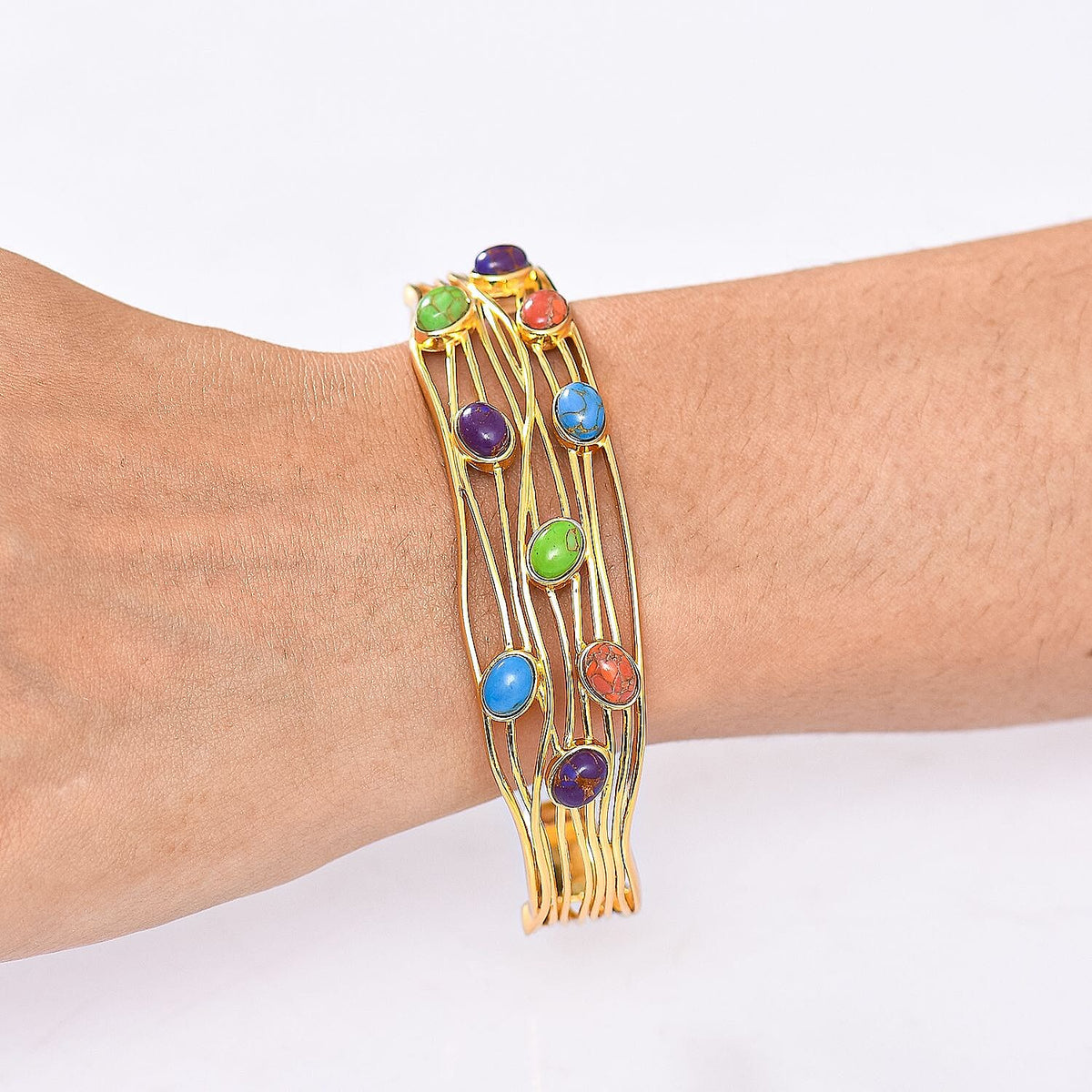 EverTrue Purple Turquoise &amp; Multi Gemstones Cuff Bangle (Size - 7.5) in Yellow Gold Plated 5.79 Ct. V32538098 3