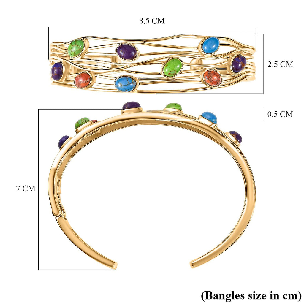 EverTrue Purple Turquoise & Multi Gemstones Cuff Bangle (Size - 7.5) in Yellow Gold Plated 5.79 Ct.