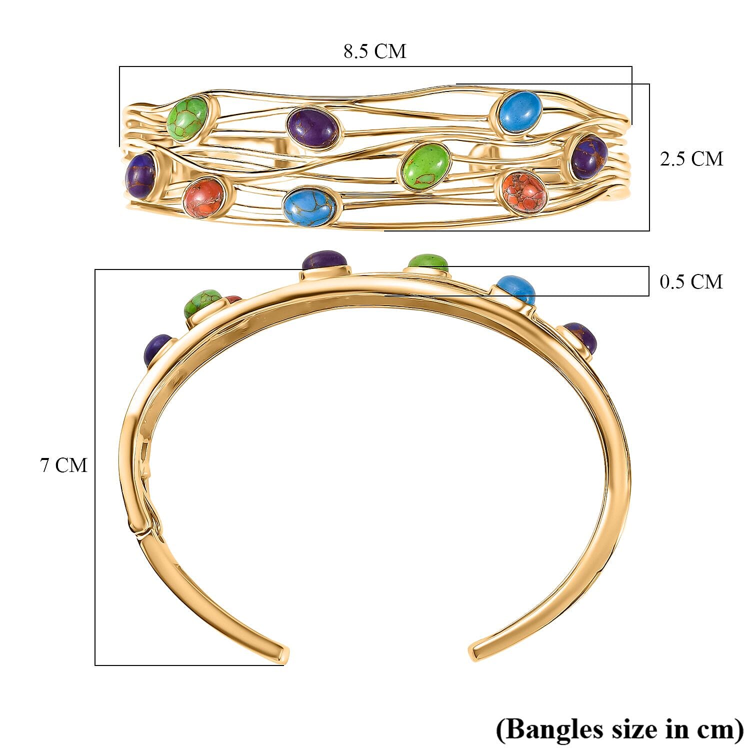 EverTrue Purple Turquoise &amp; Multi Gemstones Cuff Bangle (Size - 7.5) in Yellow Gold Plated 5.79 Ct. V32538098 6