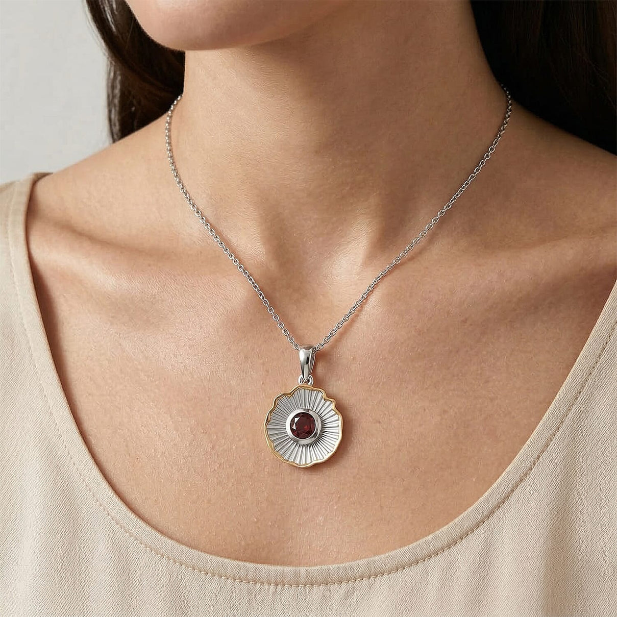 EverTrue - Red Garnet Solitaire Pendant with Chain (Size 20) in Yellow Pen Plating 1.02 Ct. V32488998 2