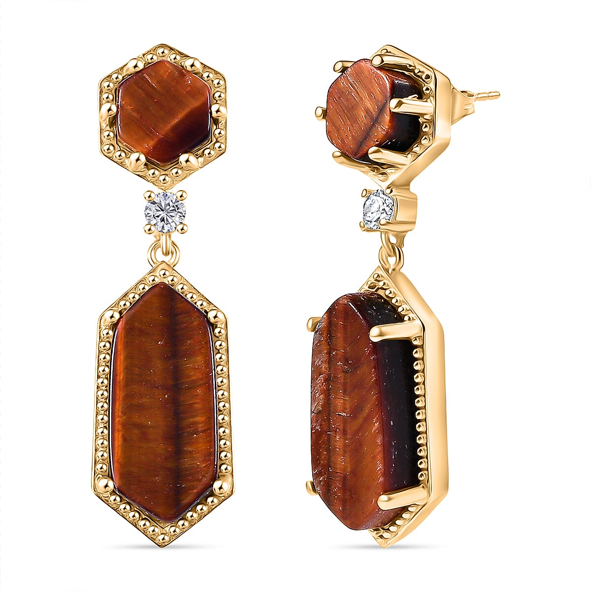 EverTrue Red Tiger Eye &amp; White Topaz Dangling Earring with Push Back in Yellow Gold Plated 16.25 Ct. 8264630 0