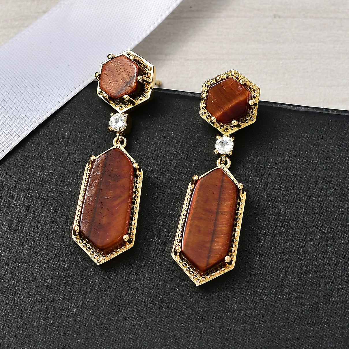 EverTrue Red Tiger Eye &amp; White Topaz Dangling Earring with Push Back in Yellow Gold Plated 16.25 Ct. 8264630 2