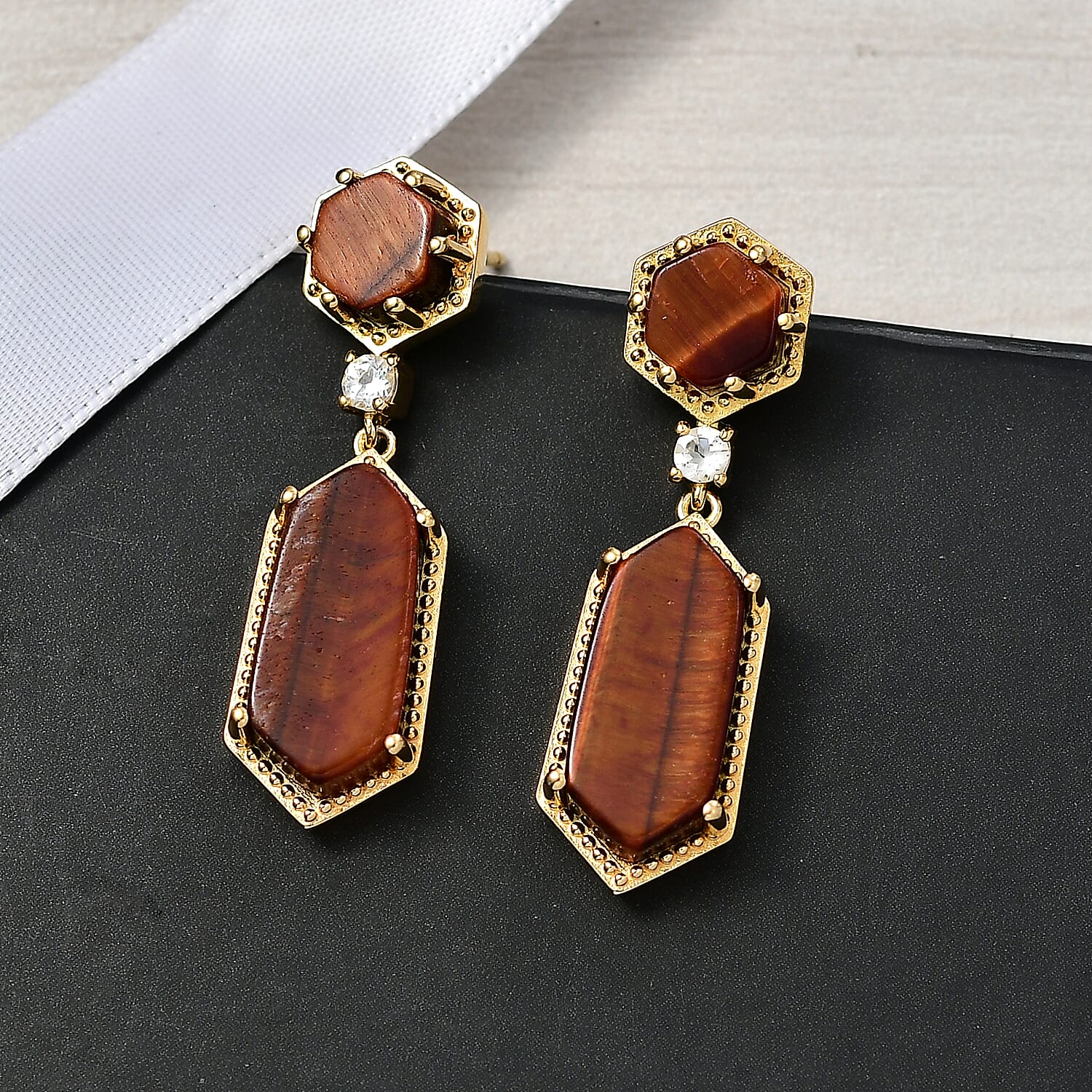 EverTrue Red Tiger Eye &amp; White Topaz Dangling Earring with Push Back in Yellow Gold Plated 16.25 Ct. 8264630 2