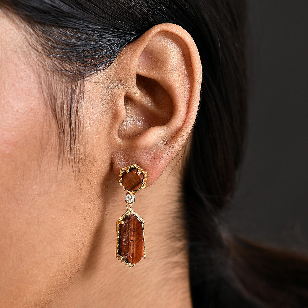 EverTrue Red Tiger Eye &amp; White Topaz Dangling Earring with Push Back in Yellow Gold Plated 16.25 Ct. 8264630 3