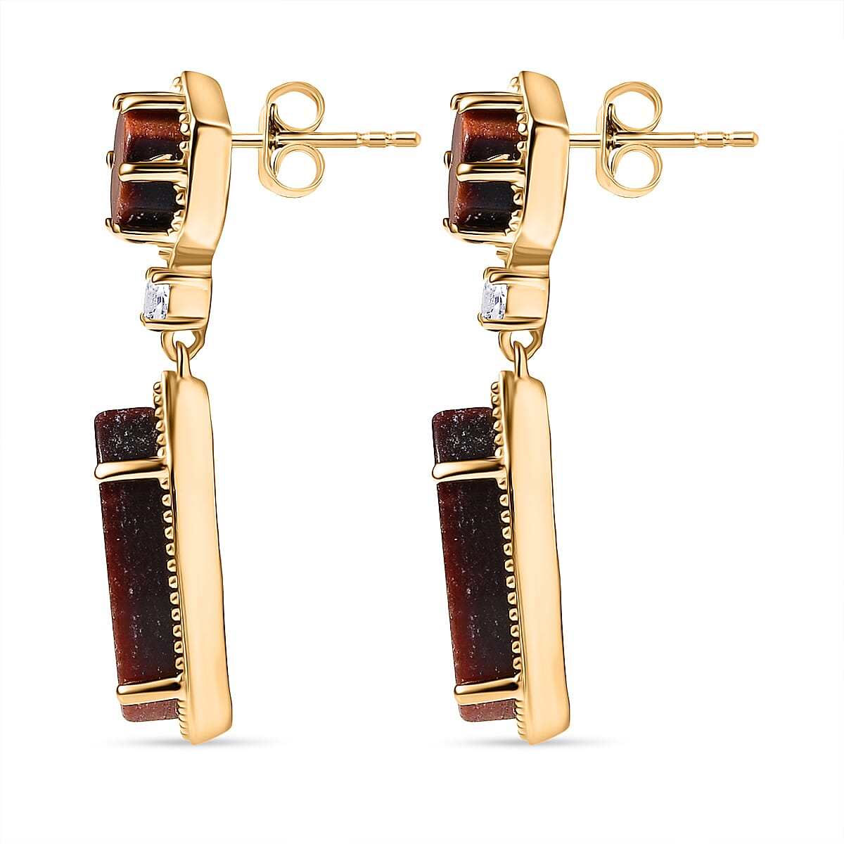 EverTrue Red Tiger Eye &amp; White Topaz Dangling Earring with Push Back in Yellow Gold Plated 16.25 Ct. 8264630 4