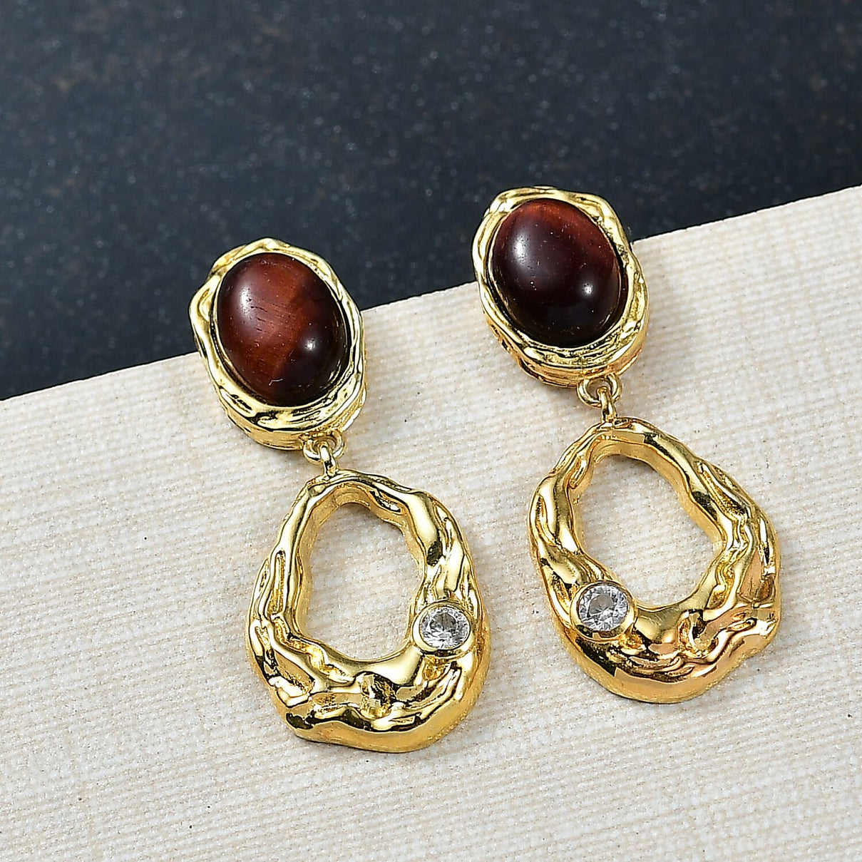 EverTrue Red Tiger Eye &amp; White Zircon Dangling Earring with Push Back in Yellow Gold Plated 4.90 Ct. 8264605 2