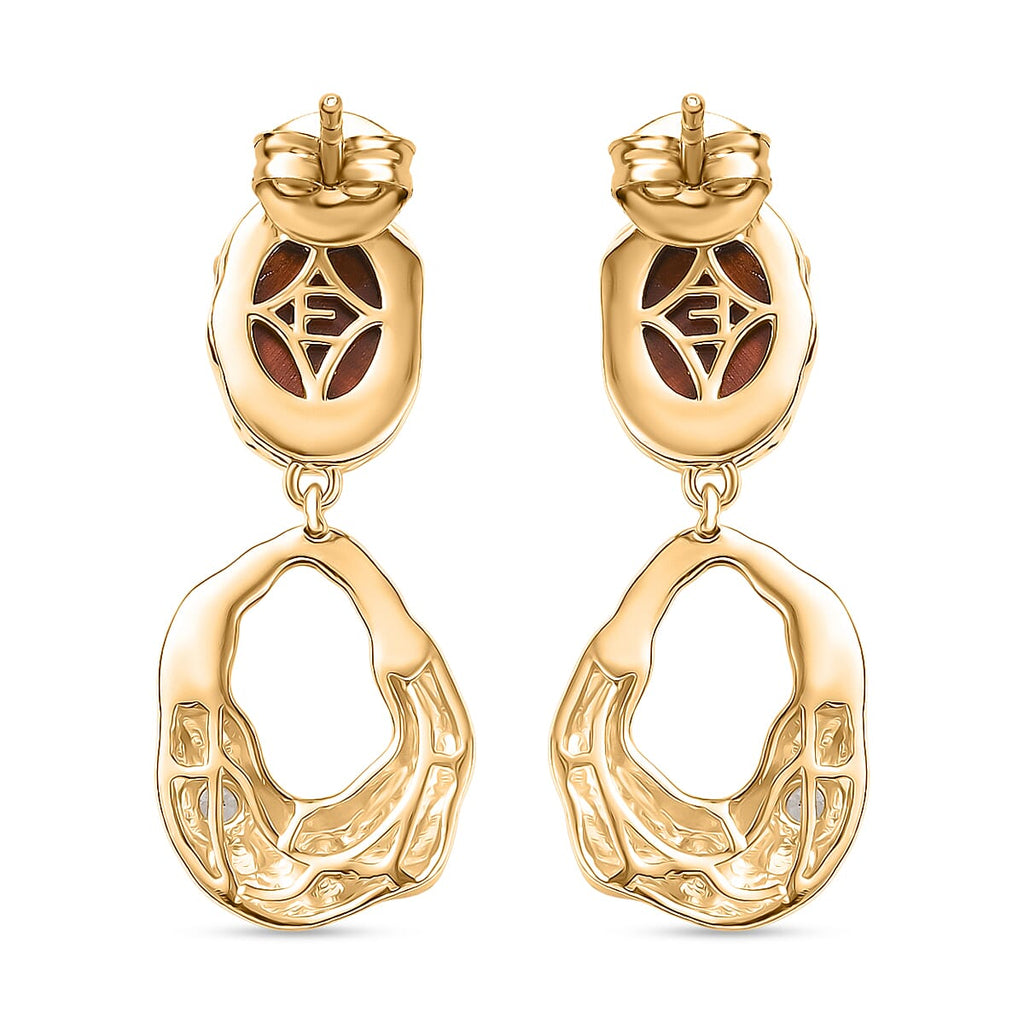 EverTrue Red Tiger Eye & White Zircon Dangling Earring with Push Back in Yellow Gold Plated 4.90 Ct.