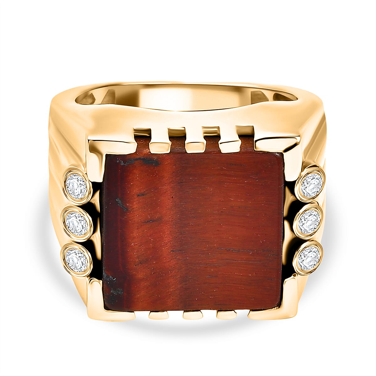 EverTrue Red Tiger Eye &amp; White Zircon Mens Ring in Yellow Gold Plated 11.65 Ct. 8264645 0