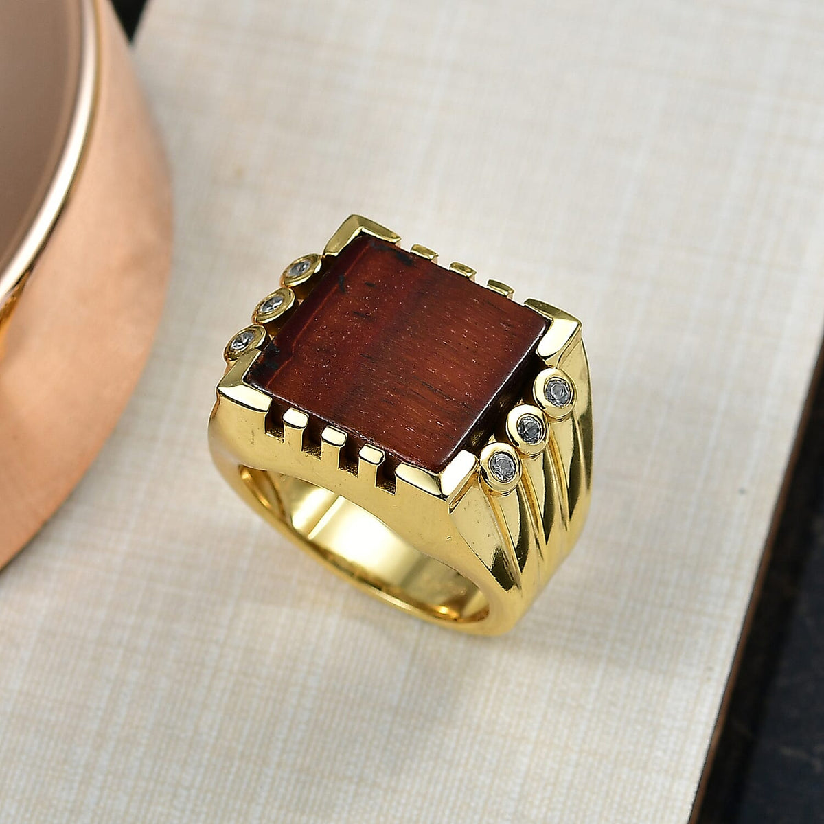 EverTrue Red Tiger Eye &amp; White Zircon Mens Ring in Yellow Gold Plated 11.65 Ct. 8264645 2