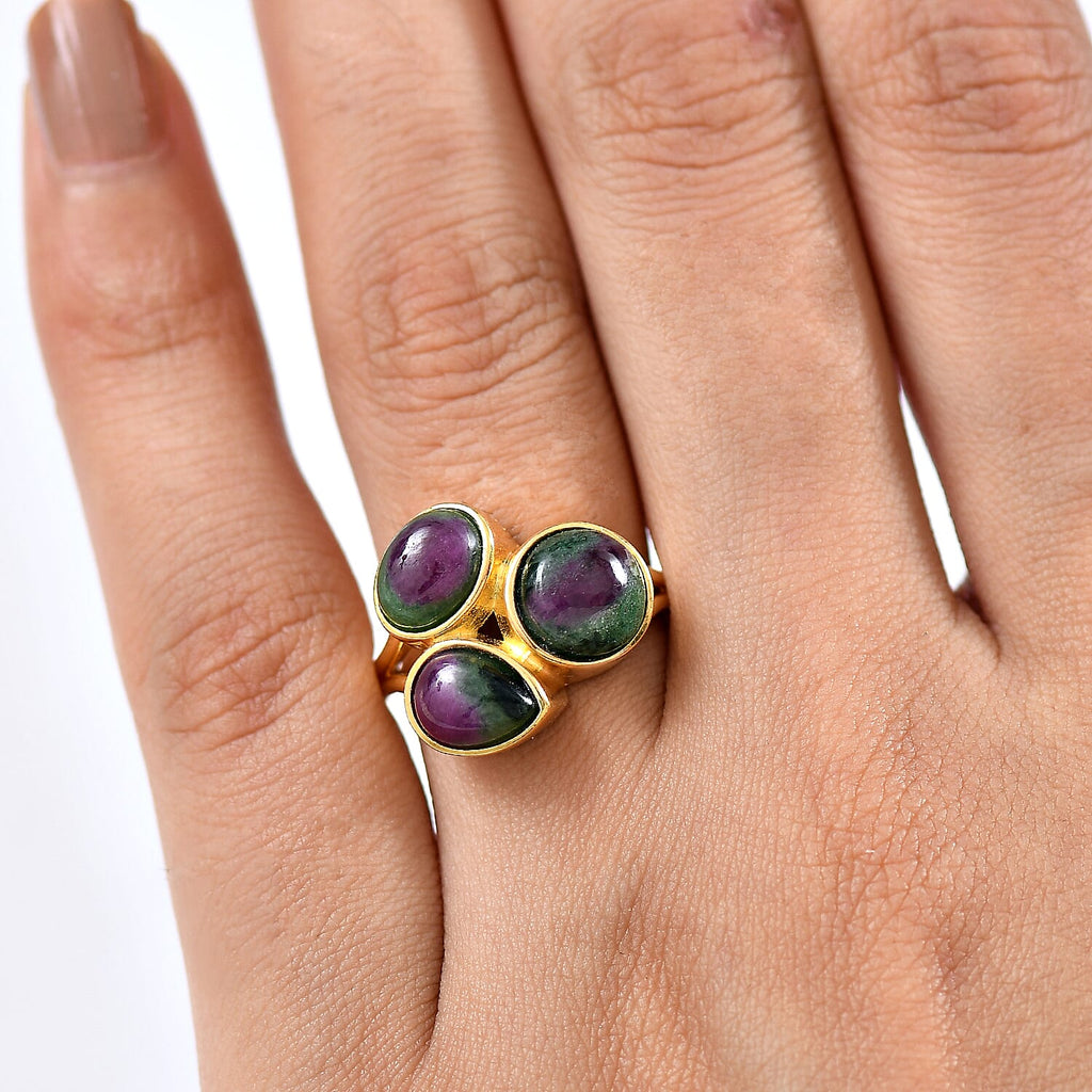 EverTrue Natural Ruby Zoisite 3 Stone Ring in Yellow Gold Plated 7.37 Ct.