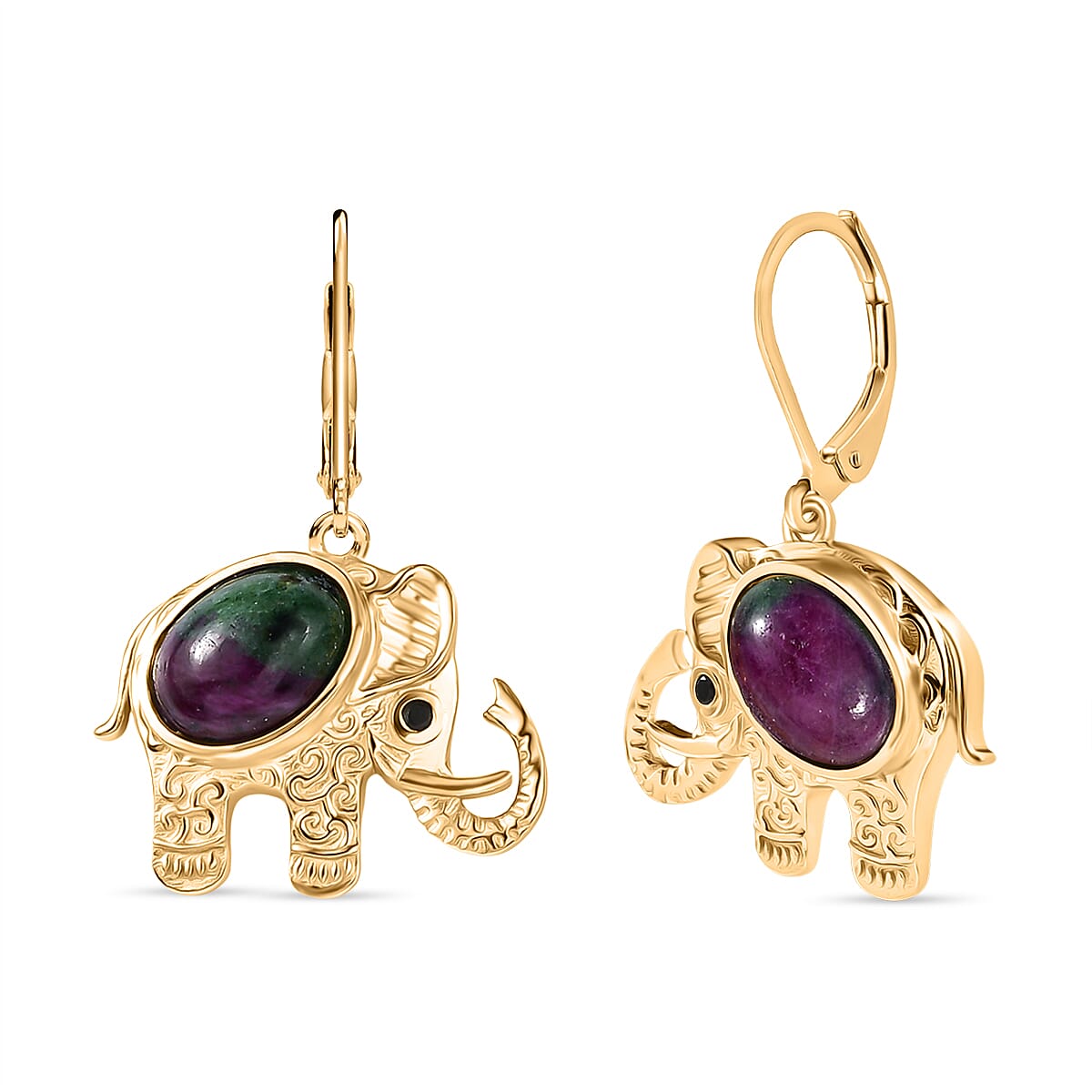 EverTrue Ruby Zoisite and Black Spinel Lever Back Elephant Dangling Earring in Yellow Gold Plated 6.43 Ct. 8266094 0