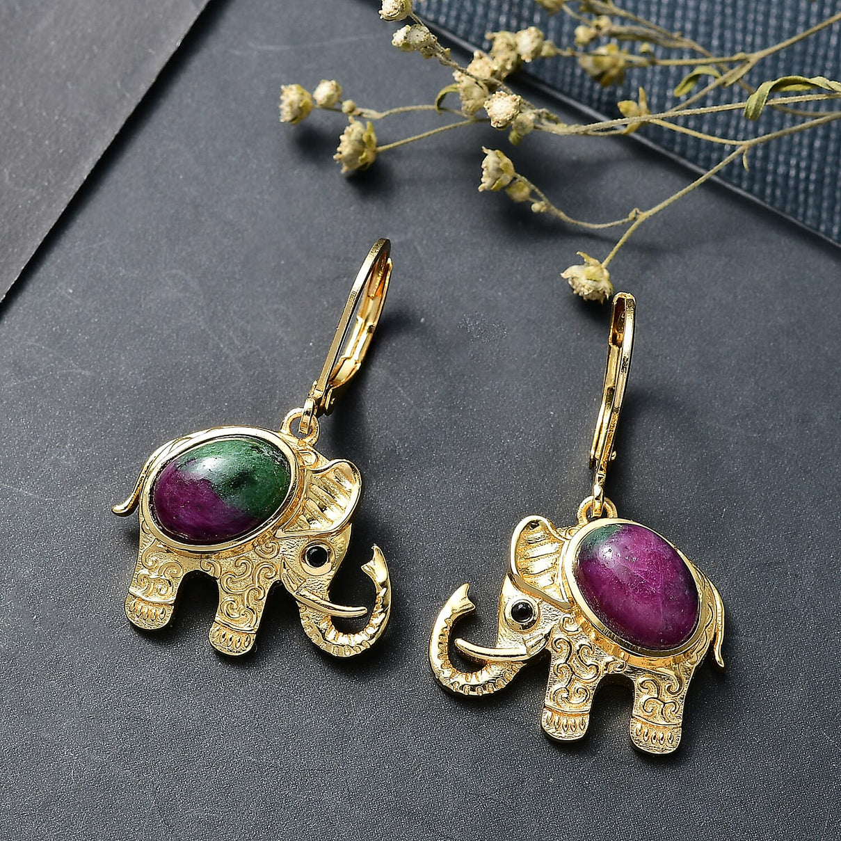 EverTrue Ruby Zoisite and Black Spinel Lever Back Elephant Dangling Earring in Yellow Gold Plated 6.43 Ct. 8266094 1
