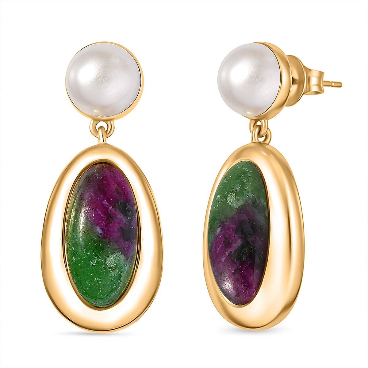 EverTrue Ruby Zoisite and Fresh Water Pearl Dangling Earring with Push Back in Yellow Gold Plated 14.05 Ct. 8266306 0