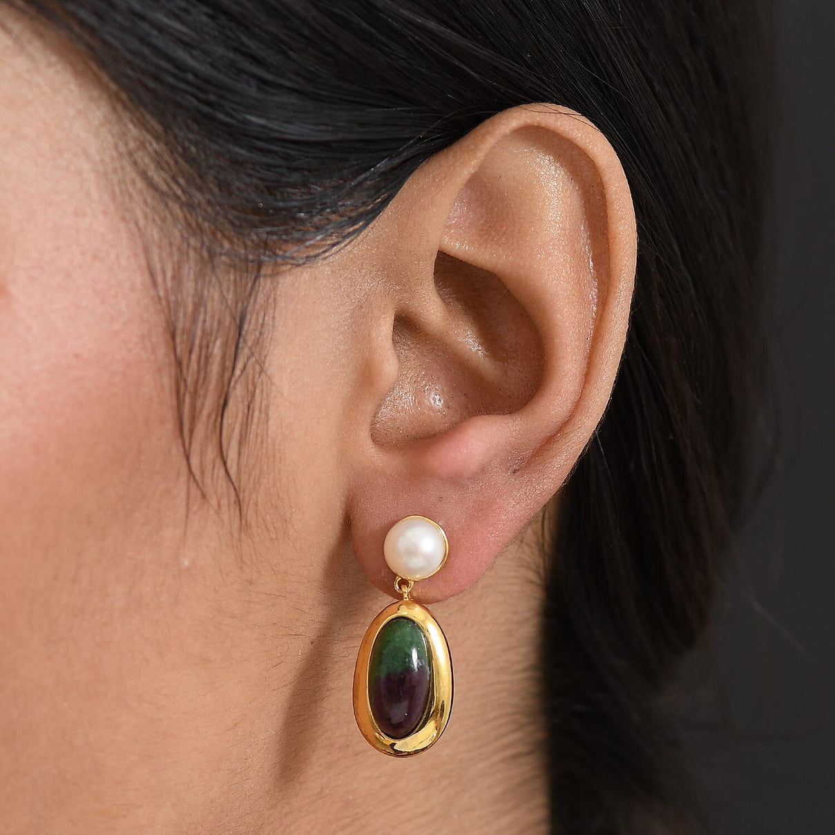 EverTrue Ruby Zoisite and Fresh Water Pearl Dangling Earring with Push Back in Yellow Gold Plated 14.05 Ct. 8266306 2