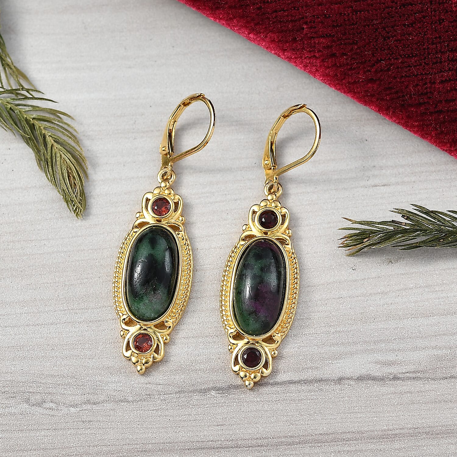 EverTrue Natural Ruby Zoisite &amp; Red Garnet with Lever Back Earring in Yellow Gold Plated 13.18 Ct. 8266268 2
