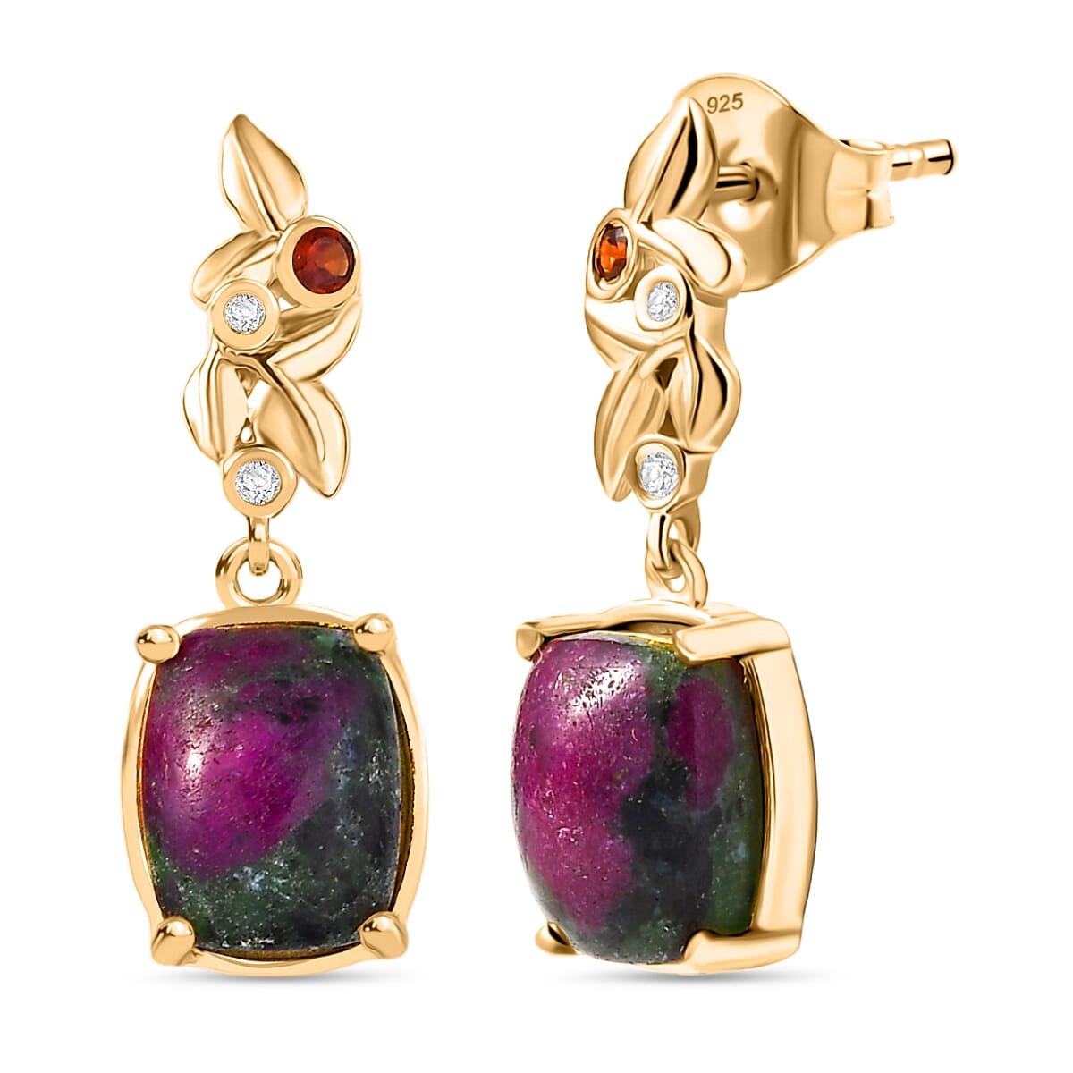 EverTrue Natural Ruby Zoisite, Red Garnet &amp; White Zircon Solitaire Stud Push Post Earring in Yellow Gold Plated 9.77 Ct. 8265958 0