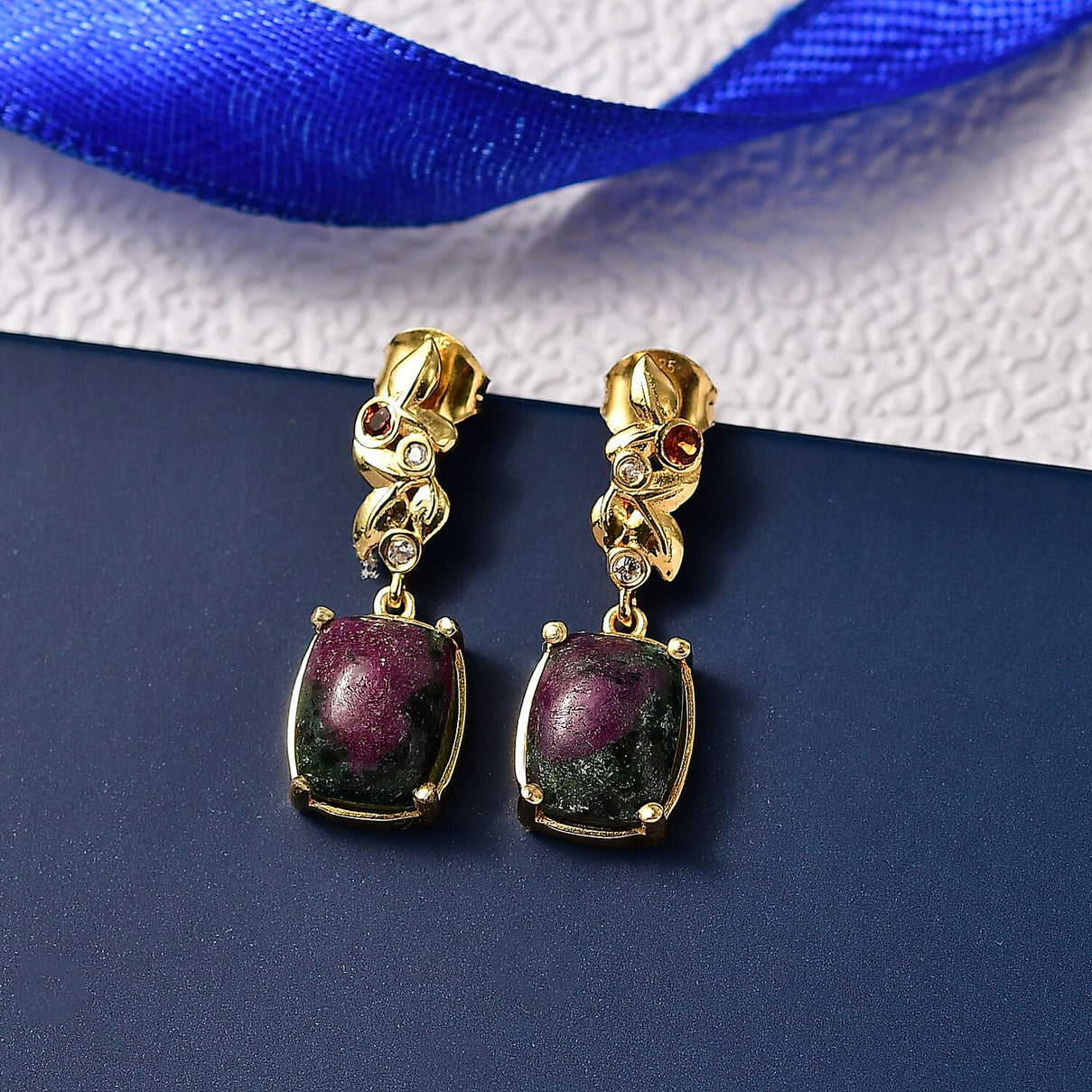 EverTrue Natural Ruby Zoisite, Red Garnet &amp; White Zircon Solitaire Stud Push Post Earring in Yellow Gold Plated 9.77 Ct. 8265958 1