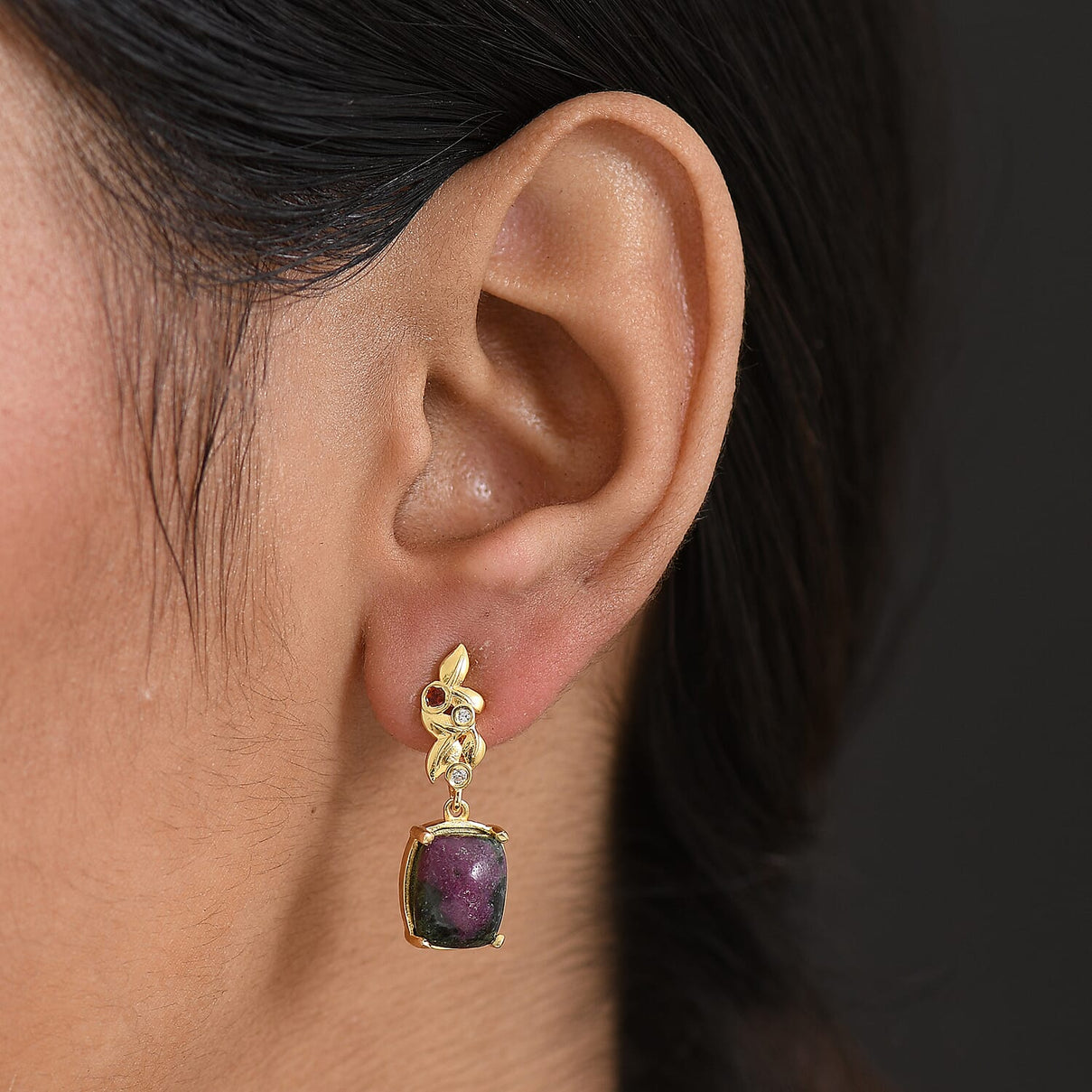 EverTrue Natural Ruby Zoisite, Red Garnet &amp; White Zircon Solitaire Stud Push Post Earring in Yellow Gold Plated 9.77 Ct. 8265958 2