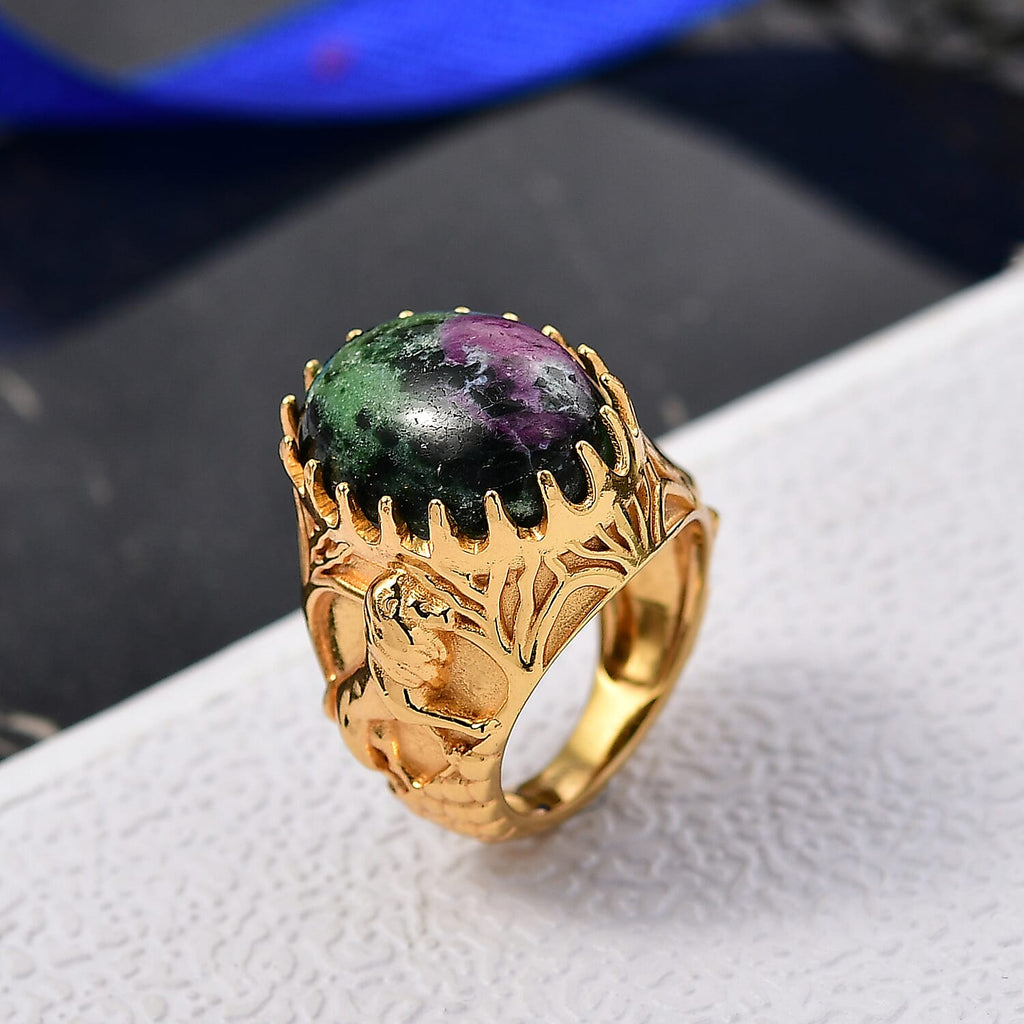 EverTrue Natural Ruby Zoisite Solitaire Ring in Yellow Gold Plated 14.93 Ct.