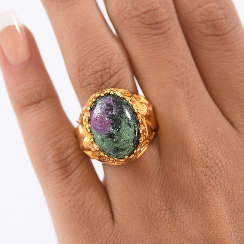 EverTrue Natural Ruby Zoisite Solitaire Ring in Yellow Gold Plated 14.93 Ct.
