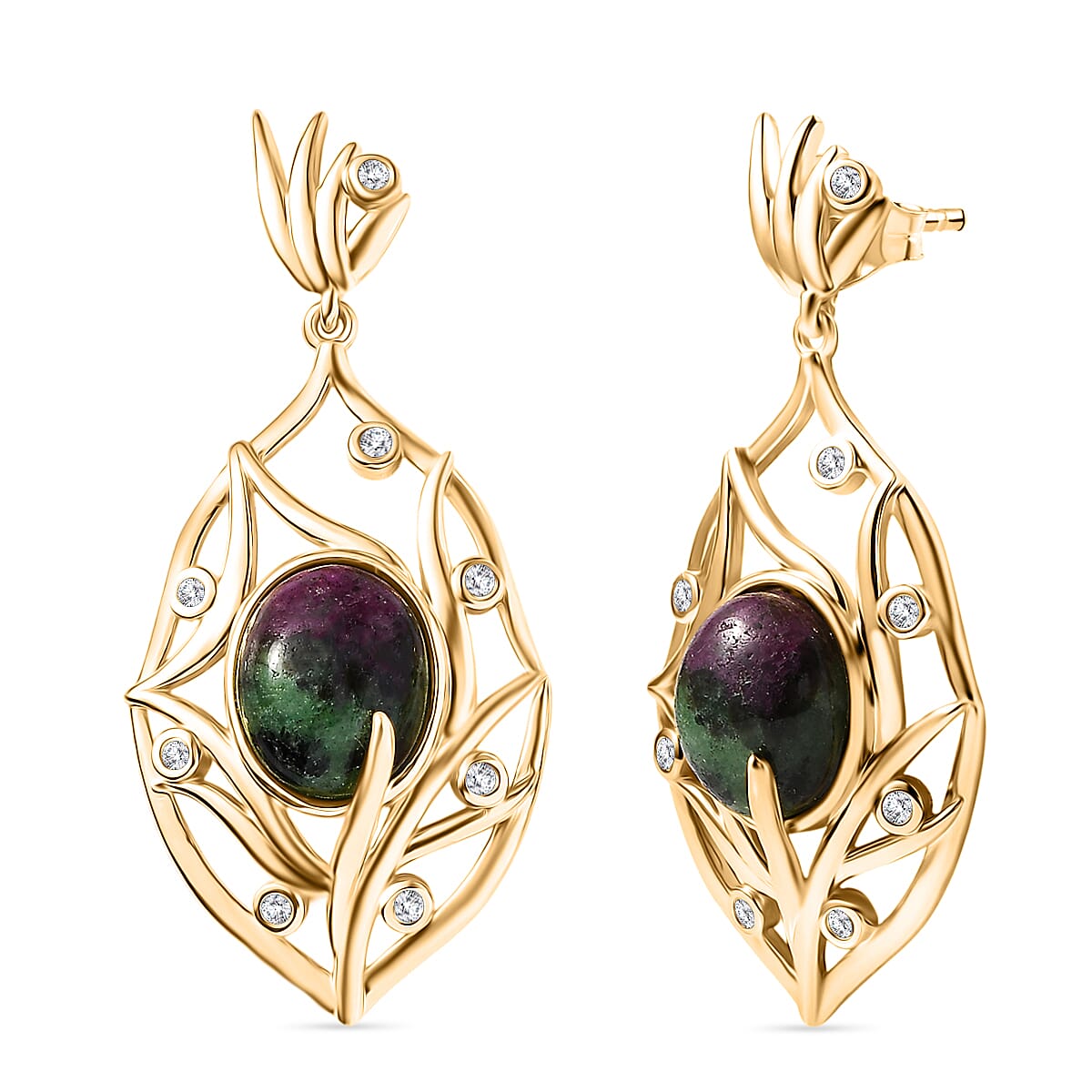 EverTrue Natural Ruby Zoisite &amp; White Zircon Earring with Push Back in Yellow Gold Plated 10.64 Ct. 8266277 0