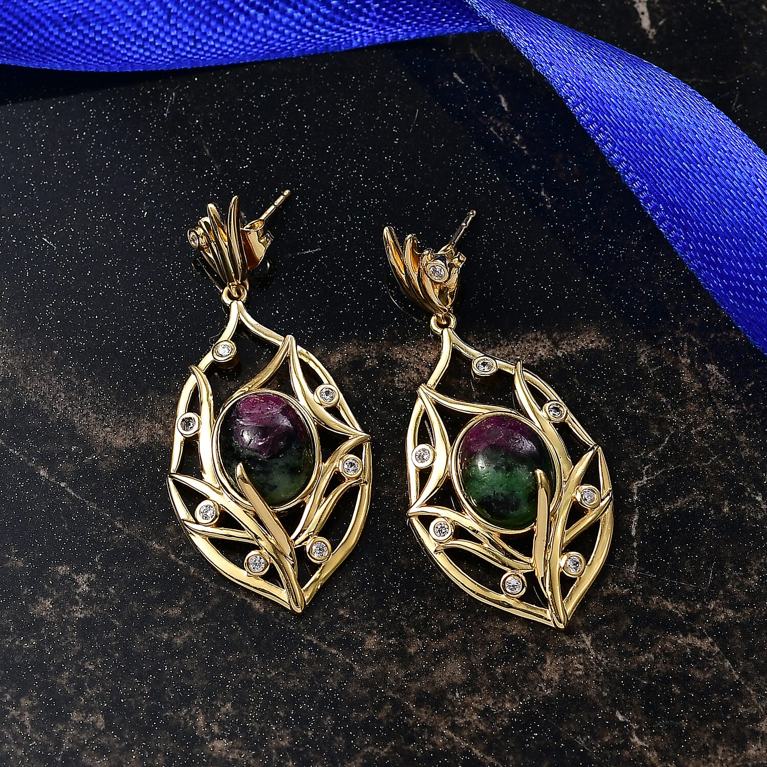 EverTrue Natural Ruby Zoisite &amp; White Zircon Earring with Push Back in Yellow Gold Plated 10.64 Ct. 8266277 1