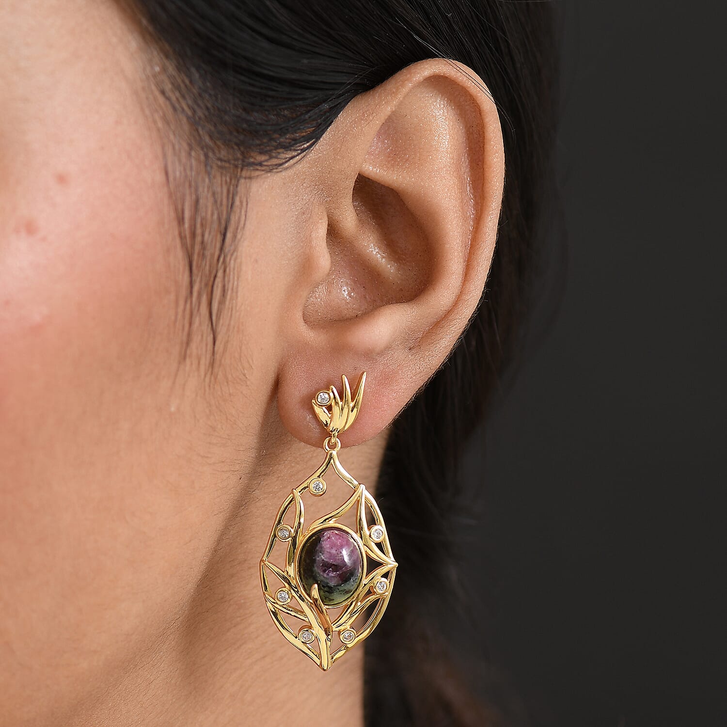 EverTrue Natural Ruby Zoisite &amp; White Zircon Earring with Push Back in Yellow Gold Plated 10.64 Ct. 8266277 2