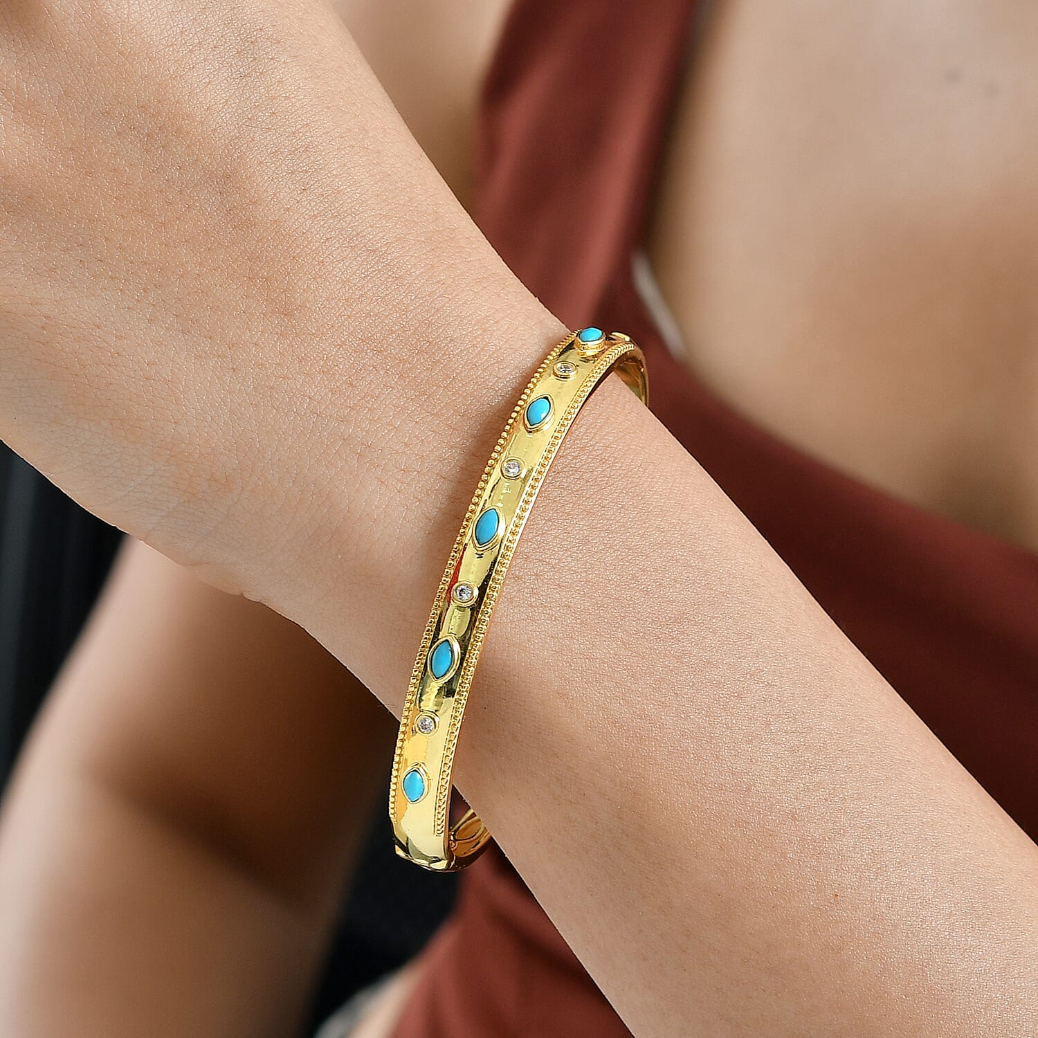 ONE TIME DEAL - EverTrue Sleeping Beauty Turquoise &amp; Natural White Zircon Bangle (Size - 7.5) 8285496 3