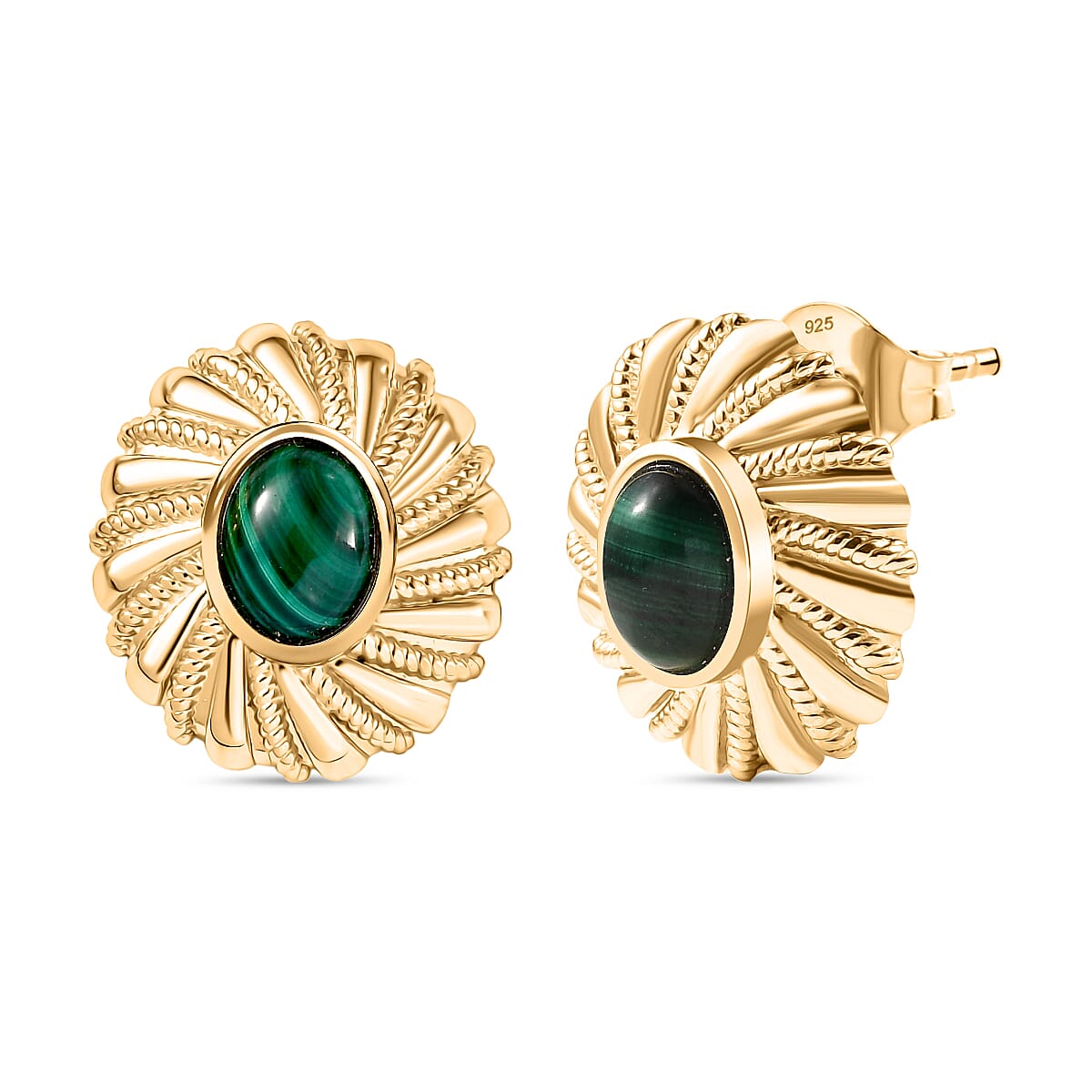 Designer Inspired - Antique Style Malachite Stud Earrings with Push Back in Yellow Gold Plated 5.24 Ct. 8248100 0