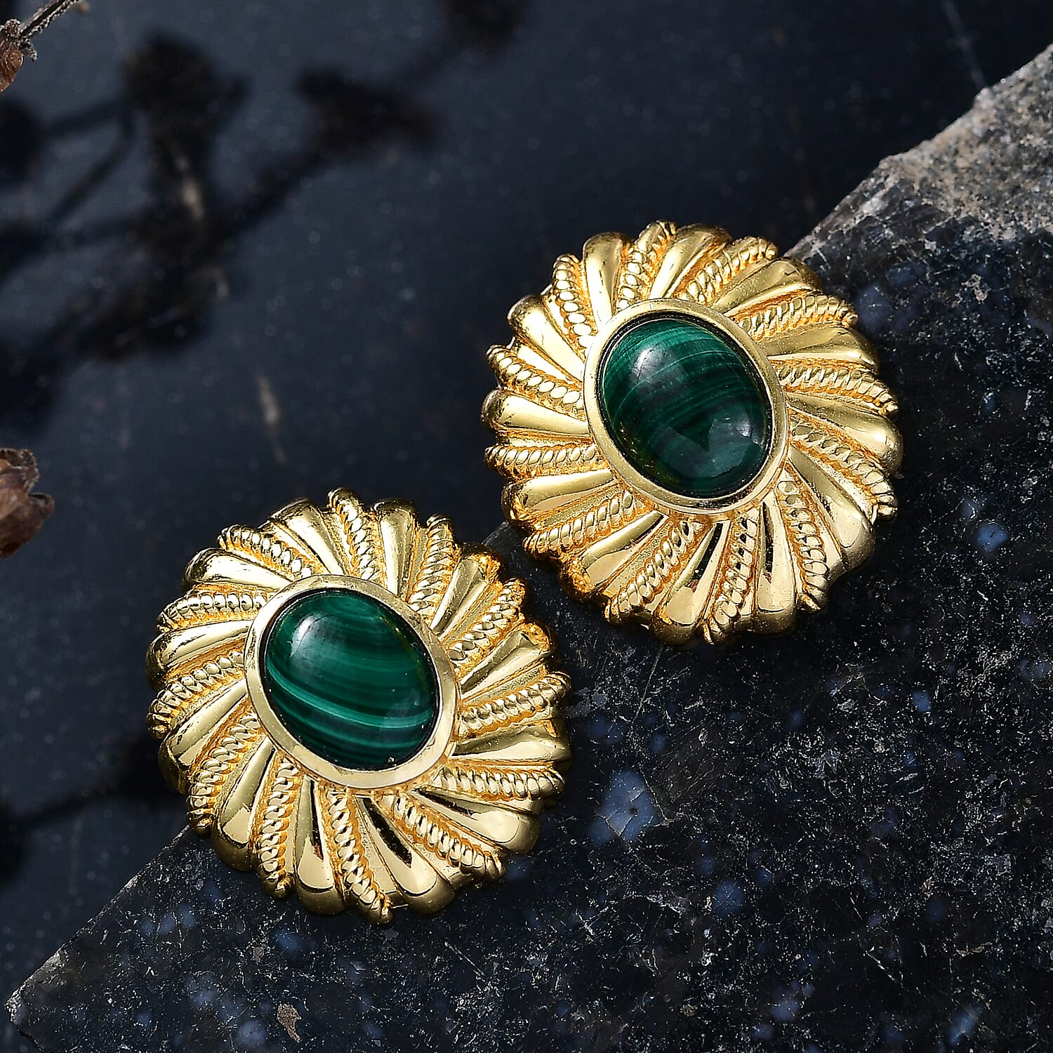 Designer Inspired - Antique Style Malachite Stud Earrings with Push Back in Yellow Gold Plated 5.24 Ct. 8248100 1