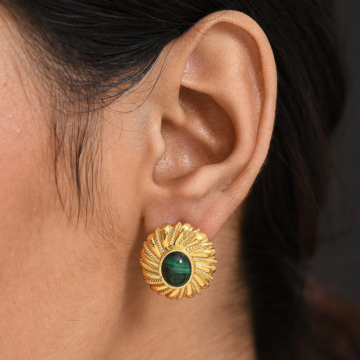 Designer Inspired - Antique Style Malachite Stud Earrings with Push Back in Yellow Gold Plated 5.24 Ct. 8248100 2