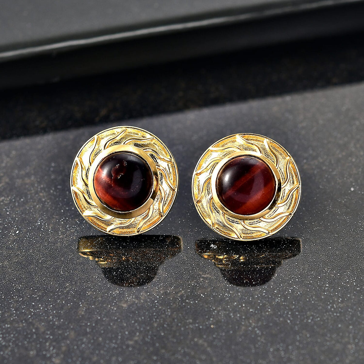 EverTrue Red Tigers Eye Solitaire Stud Push Post Earring with Push Back in Yellow Gold Plated 4.75 Ct. 8252093 2