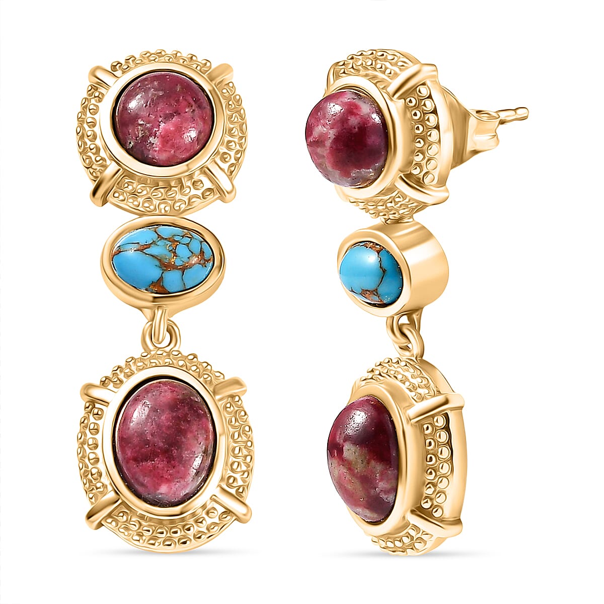 EverTrue Natural Thulite &amp; Blue Turquoise Solitaire Stud Push Post Earring in Yellow Gold Plated 7.10 Ct. 8266098 0
