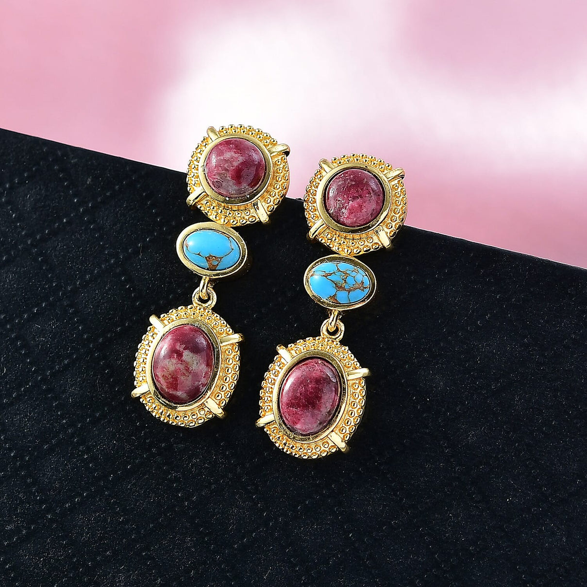 EverTrue Natural Thulite &amp; Blue Turquoise Solitaire Stud Push Post Earring in Yellow Gold Plated 7.10 Ct. 8266098 2