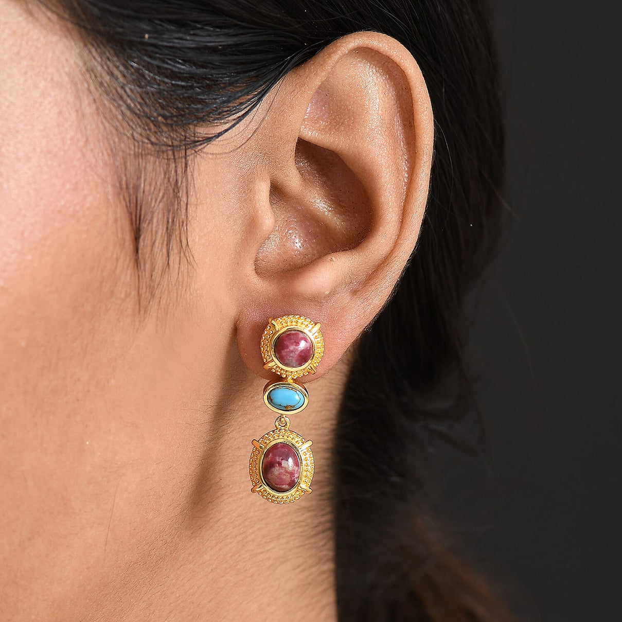 EverTrue Natural Thulite &amp; Blue Turquoise Solitaire Stud Push Post Earring in Yellow Gold Plated 7.10 Ct. 8266098 3