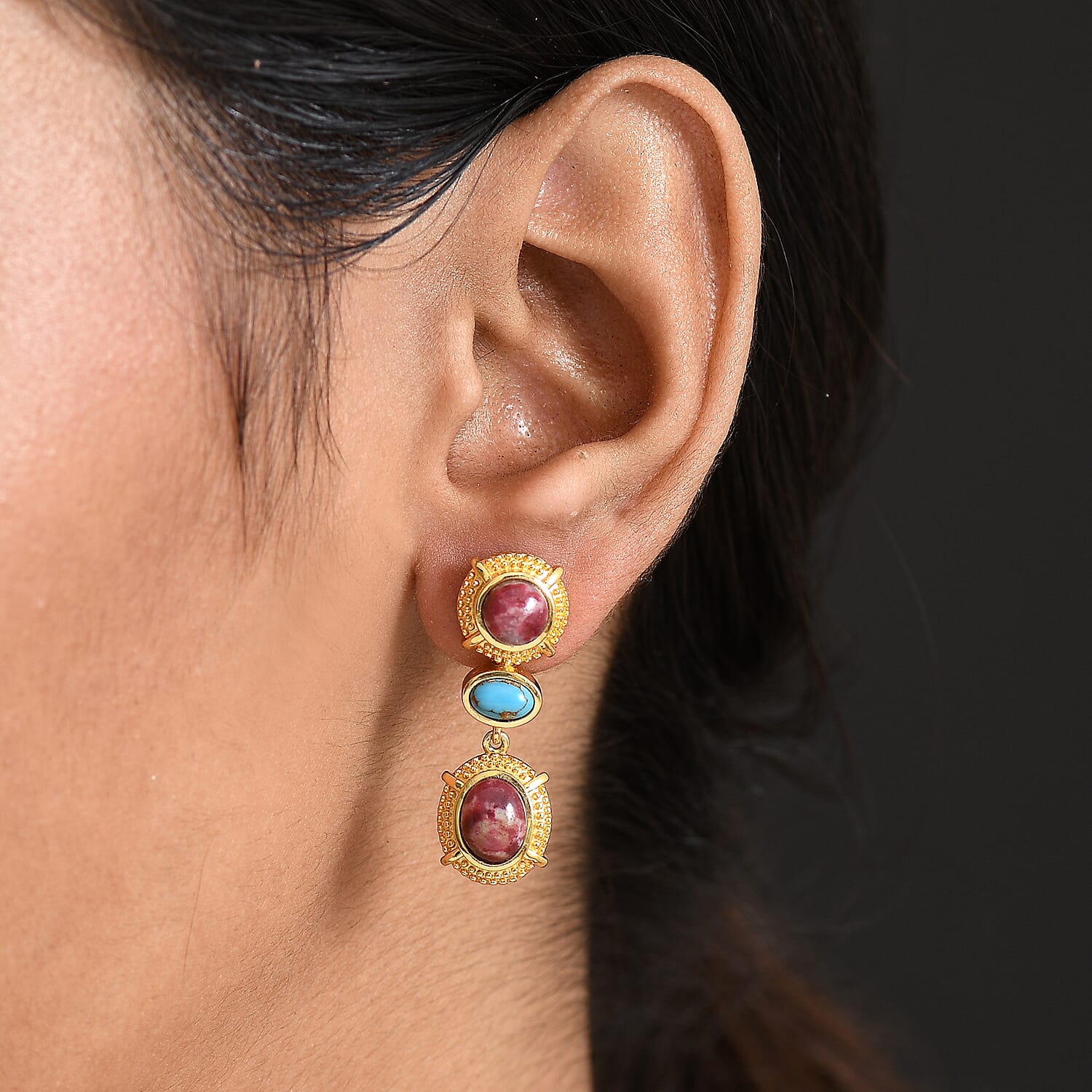 EverTrue Natural Thulite &amp; Blue Turquoise Solitaire Stud Push Post Earring in Yellow Gold Plated 7.10 Ct. 8266098 3